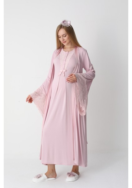 Hamile Gecelik Sabahlık Takımı-Viskoz Kumaş-Dantel Detaylı-Emzirmeli- 2'li Set