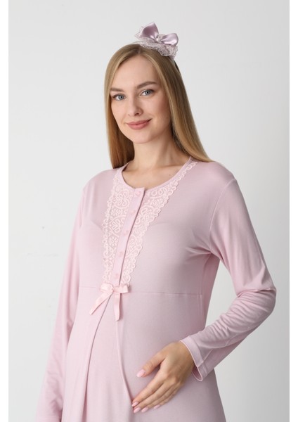 Hamile Gecelik Sabahlık Takımı-Viskoz Kumaş-Dantel Detaylı-Emzirmeli- 2'li Set