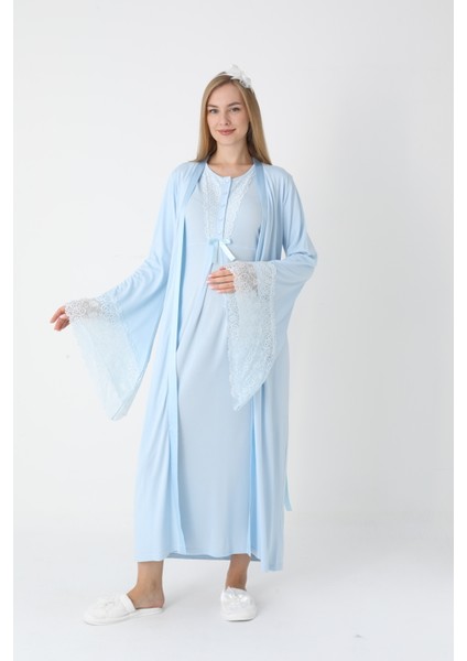 Hamile Gecelik Sabahlık Takımı-Viskoz Kumaş-Dantel Detaylı-Emzirmeli- 2'li Set