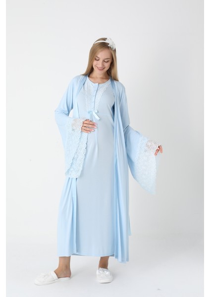 Hamile Gecelik Sabahlık Takımı-Viskoz Kumaş-Dantel Detaylı-Emzirmeli- 2'li Set modelleri