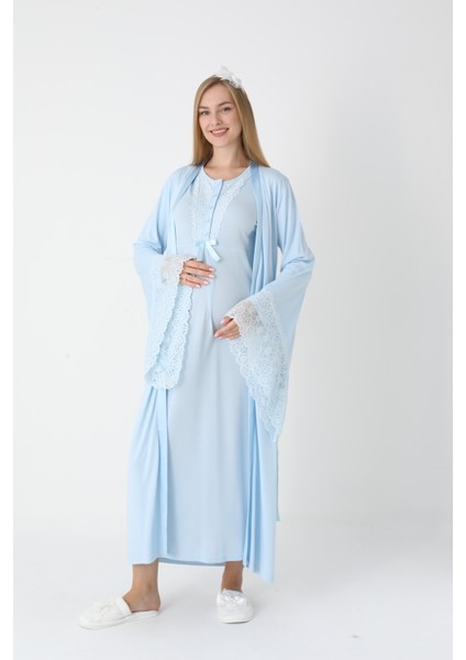 Hamile Gecelik Sabahlık Takımı-Viskoz Kumaş-Dantel Detaylı-Emzirmeli- 2'li Set indirimleri