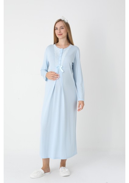 Hamile Gecelik Sabahlık Takımı-Viskoz Kumaş-Dantel Detaylı-Emzirmeli- 2'li Set