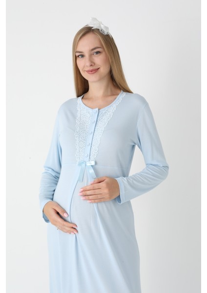 Hamile Gecelik Sabahlık Takımı-Viskoz Kumaş-Dantel Detaylı-Emzirmeli- 2'li Set