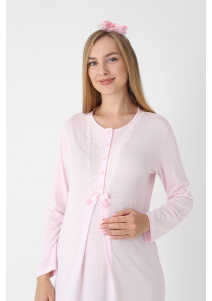 Hamile Gecelik Sabahlık Takımı-Viskoz Kumaş-Dantel Detaylı-Emzirmeli- 2'li Set