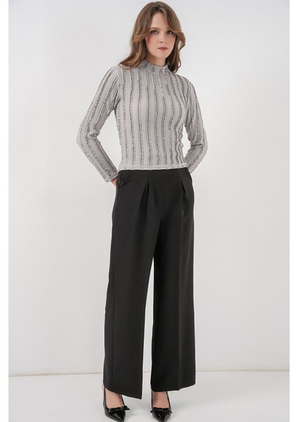 Kadın Bdart Dokulu Slim Fit Dik Yaka Bluz Gri fiyatları