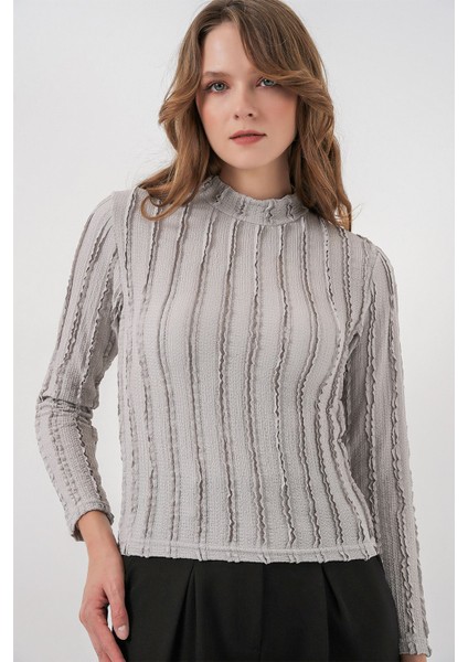 Kadın Bdart Dokulu Slim Fit Dik Yaka Bluz Gri modelleri