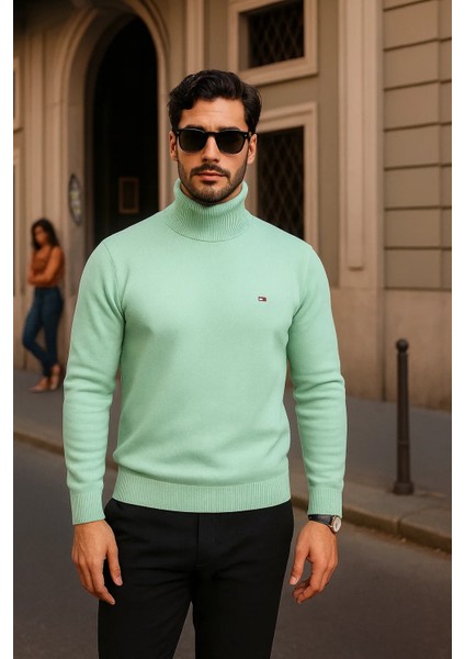 Erkek Kışlık Basic Slim Fit Uzun Mint Kazak modelleri