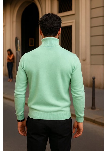 Erkek Kışlık Basic Slim Fit Uzun Mint Kazak