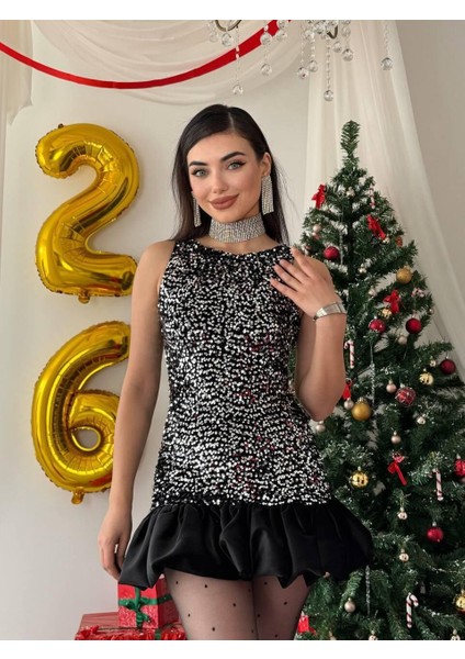 ✨ Siyah Pul Payet Mini Volanlı Elbise S