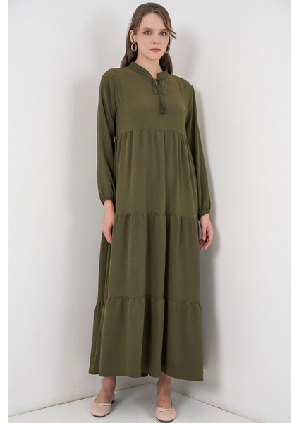 Kadın Bdart Fiyonk Detaylı Viskon Maxi Elbise Haki Yeşil