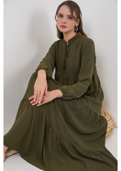 Kadın Bdart Fiyonk Detaylı Viskon Maxi Elbise Haki Yeşil modelleri