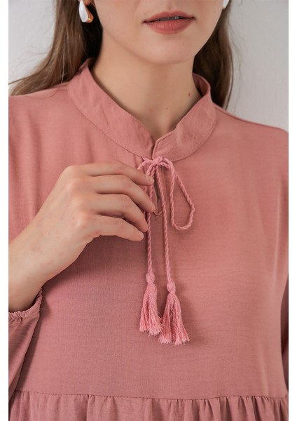 Kadın Bdart Fiyonk Detaylı Viskon Maxi Elbise Toz Pembe indirimleri