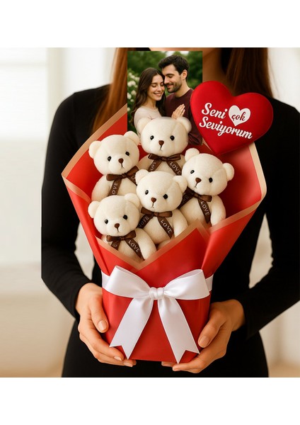 Kişiye Özel Fotoğraflı Anılar Için 5'li Ayıcık Buketi - Fotoğraflı ve "seni Çok Seviyorum" Kalpli