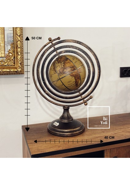 Armillary Stil Metal & Deri Dünya Küresi 50 cm Antik Eskitme Lüks Ofis Ev Dekoru Vıp Hediyelik Obje