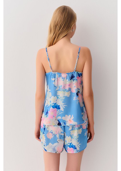 Mavi Baskı Yaz Çiçekli Babydoll Takımı