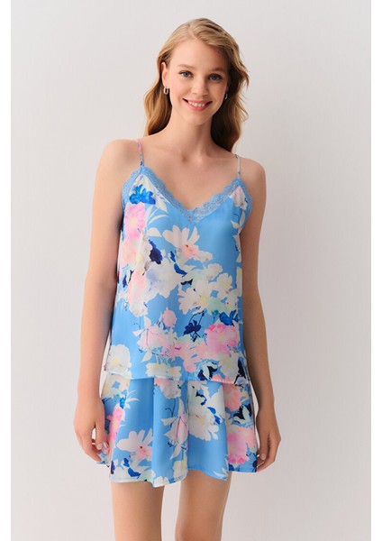 Mavi Baskı Yaz Çiçekli Babydoll Takımı modelleri