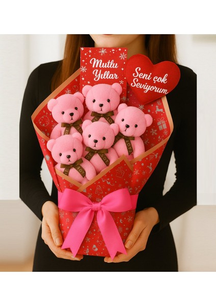 Yılbaşı Özel 5'li Sevimli Ayıcık Buketi 5'li Fotoğraflı Pembe Ayıcık ve Büyük Kurdeleli
