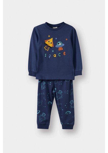 G4401A5NV95 Lacivert Erkek Bebek Pijama Takımı Uzay Baskılı Uzun Kollu Penye Üst Uzun Alt