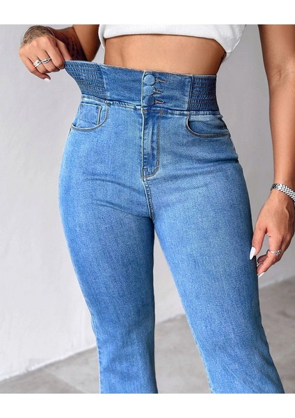 Kadın Yüksek Bel Yanları Lastik Önü Düğmeli Kot Pantolon modelleri