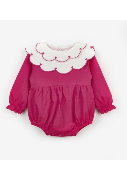 Fuşya Kalp Desen Yakalı Kız Bebek Keten Tulum - Fabiana
