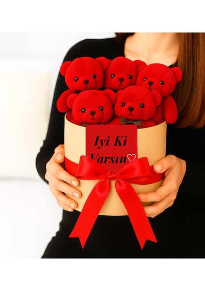 Ayıcık Buketi 5 Adet Kırmızı Kurdeleli Ayıcık Buketi Hediye Kutusu Aşk Dolu Kırmızı Peluş Ayıcık Buketi Kutusu