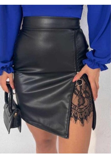 Dantel Detaylı Deri Etek