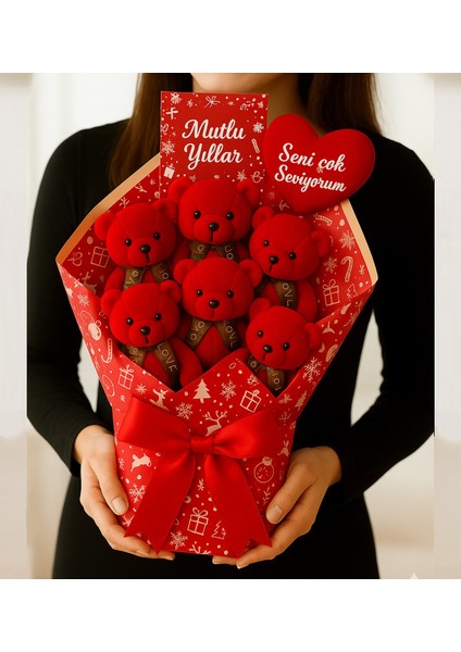 Yeni Yıl Ayıcık Buketi Tutku Dolu Kırmızı: 5'li Kişiye Özel Kırmızı Ayıcık Buketi ve Kalp Mesajı