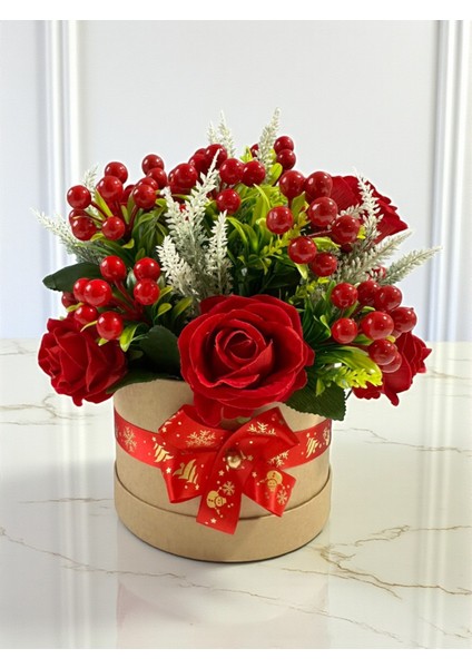 Yapay Çiçek Özel Tasarım Yılbaşı Ev Dekorasyon 30X30CM Kırmızı Gül Kokina Silindir Kutuda