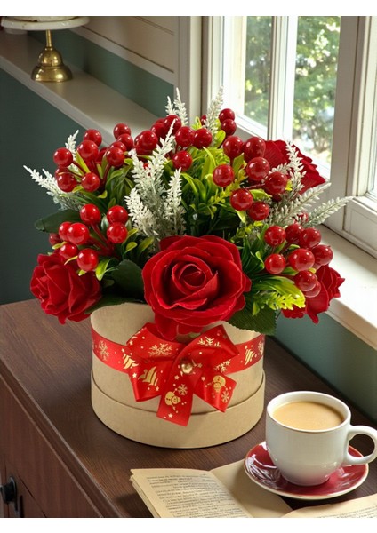 Yapay Çiçek Özel Tasarım Yılbaşı Ev Dekorasyon 30X30CM Kırmızı Gül Kokina Silindir Kutuda fırsatları