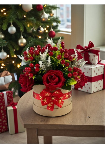 Yapay Çiçek Özel Tasarım Yılbaşı Ev Dekorasyon 30X30CM Kırmızı Gül Kokina Silindir Kutuda indirimleri