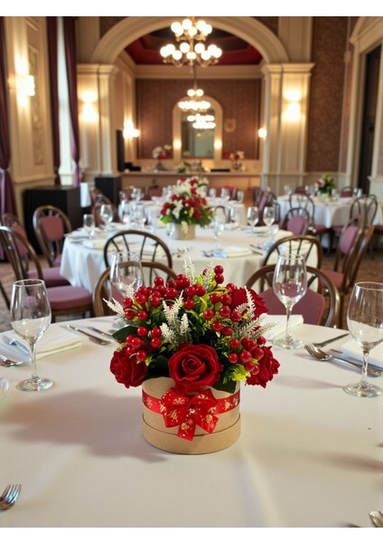 Yapay Çiçek Özel Tasarım Yılbaşı Ev Dekorasyon 30X30CM Kırmızı Gül Kokina Silindir Kutuda