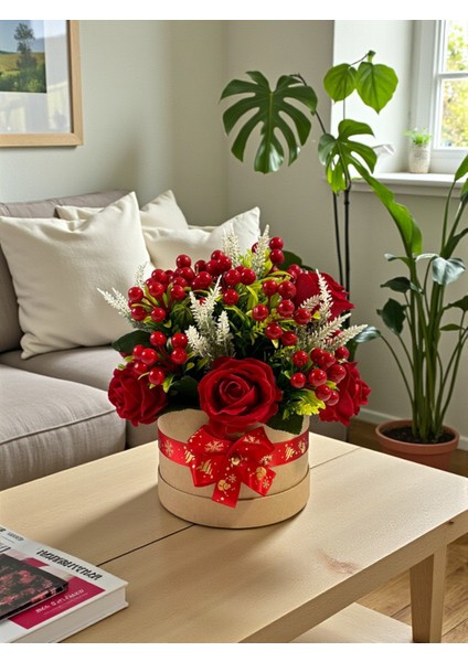Yapay Çiçek Özel Tasarım Yılbaşı Ev Dekorasyon 30X30CM Kırmızı Gül Kokina Silindir Kutuda