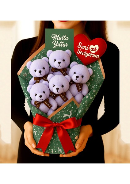 Kişiye Özel Ayıcık Buketi - 5'li Sevimli Ayıcık ve Seni Çok Seviyorum Kalpli Mutlu Yıllar Mesajlı