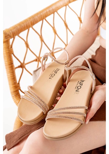 1001-1100 Nut Roze Taşlı Günlük Kadın Sandalet