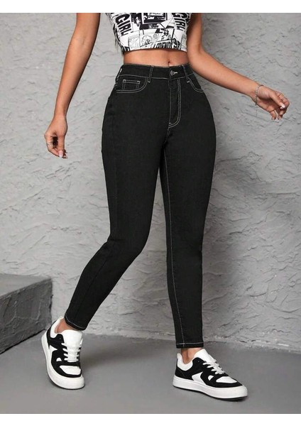 Kadın Yüksek Bel Önden Düğmeli Dar Kesim Kot Pantolon