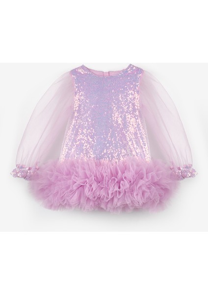 Lila Etek Ucu Fırfır Detaylı Kız Bebek Elbise - Violet