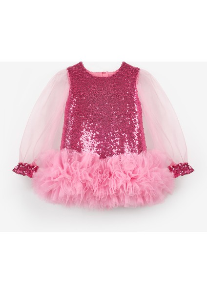 Fuşya Etek Ucu Fırfır Detaylı Kız Bebek Elbise - Violet