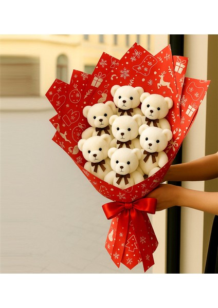 Yeni Yıl Kırmızı Ayıcık Buketi Kişiye Özel 7'li Ayıcık Buketi