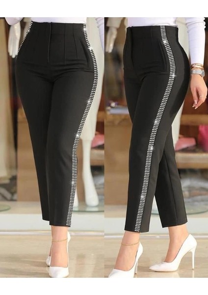 Kadın Yüksek Bel Yanlardan Taş Detaylı Ithal Krep Pantolon