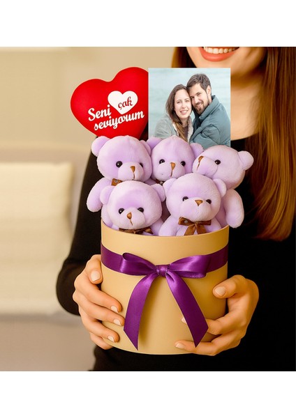 Kişiye Özel Fotoğraflı Mor 5'li Ayıcık Buketi Sürpriz Kutlama Sevgililer Günü Doğum Günü Sürprizi