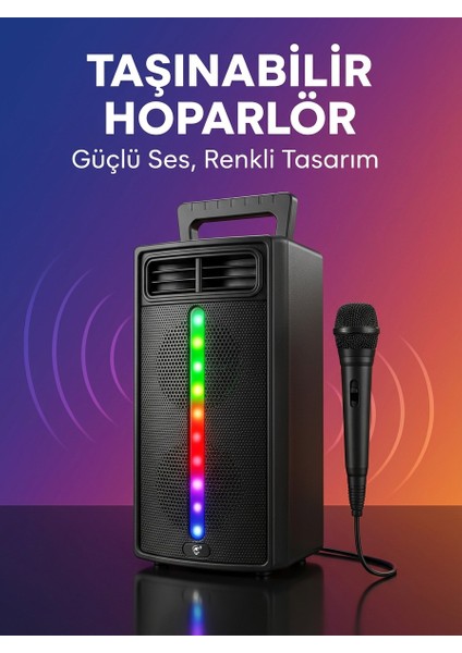 Premium Portatif Ses ve Mikrofon Sistemi – Renkli LED Işıklar, Kablosuz Özgürlük
