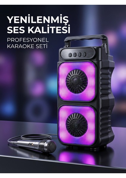 Premium Portatif Ses ve Mikrofon Sistemi – Renkli LED Işıklar, Kablosuz Özgürlük