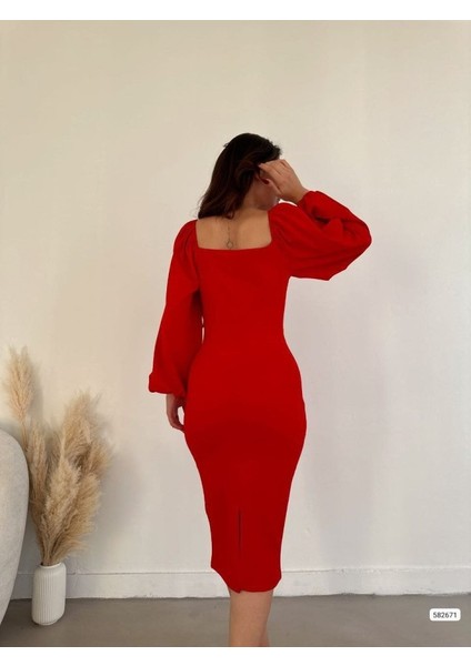 Kadın Kalp Yaka Sırt Dekolteli Kemer Toka Detay Midi Boy Elbise fırsatları