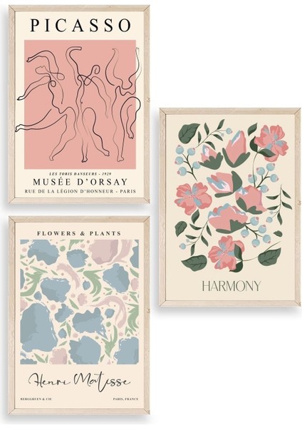 Ünlü Tablolar Üçlü Ahşap Çerçeveli Tablo