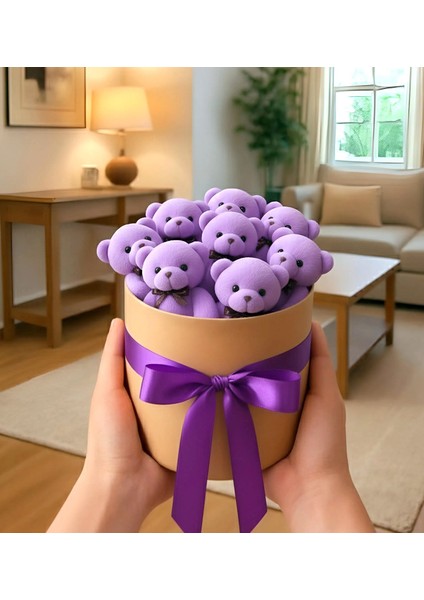 Mor Renk Ayıcık Buketi Mor Kurdeleli Ayıcık Kutusu Hediye Kutusu