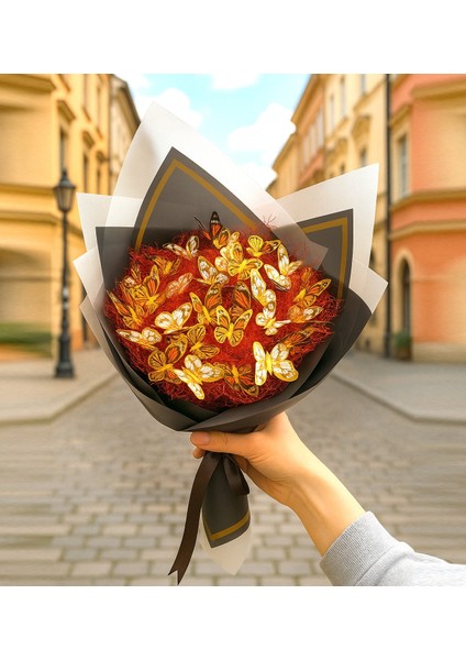 Kelebek Buketi Özel Tasarım Kelebek Buketi Kalıcı Kelebek Buketi Altın-Turuncu Kalıcı Hediye Buketi