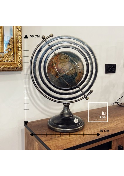 Armillary Stil Metal & Deri Dünya Küresi 50 cm Antik Eskitme Lüks Ofis Masa Konsol Üstü Dekoratif