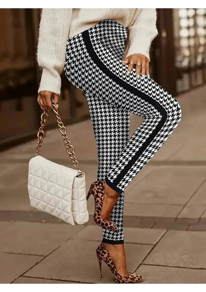 Kadın Yüksek Bel Kaz Ayağı Desenli Yanları Şeritli Dalgıç Pantolon