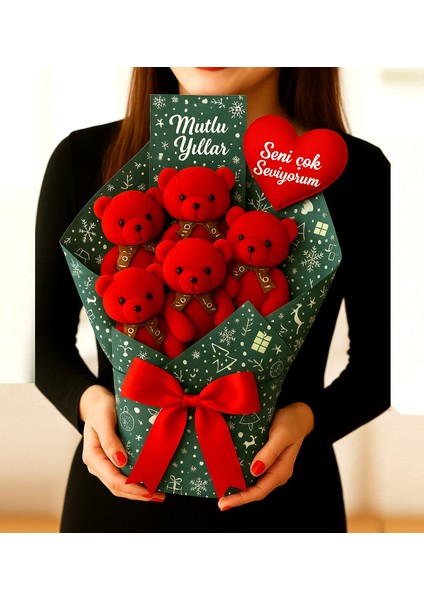 Yılbaşı Ayıcık Buketi Tutku Dolu Kırmızı: 5'li Kişiye Özel Fotoğraflı Kırmızı Ayıcık Yeniyıl Buketi