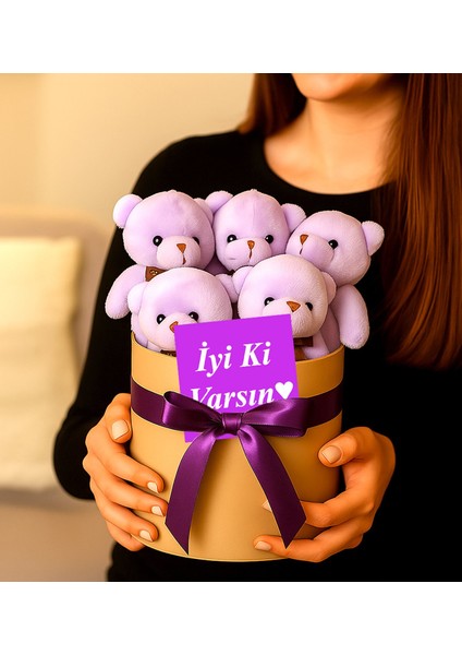 Ayıcık Buketi Mor Renk 5 Adet Mor Kurdeleli Iyi Ki Varsın" Mesajlı Ayıcık Kutusu Hediye Kutusu Mor Ayıcık Kutusu Hediye Seti